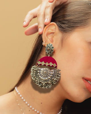 Dark Pink Mirror Oxidized Heavy Jhumka Earrings