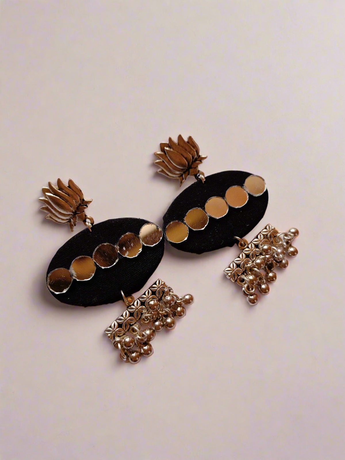 Black Mirror And Silver Ghungroo Fabric Earrings image 1