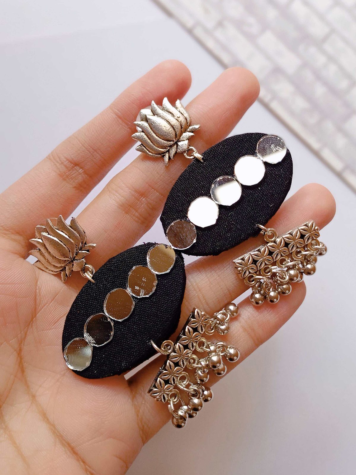 Black Mirror And Silver Ghungroo Fabric Earrings image 2