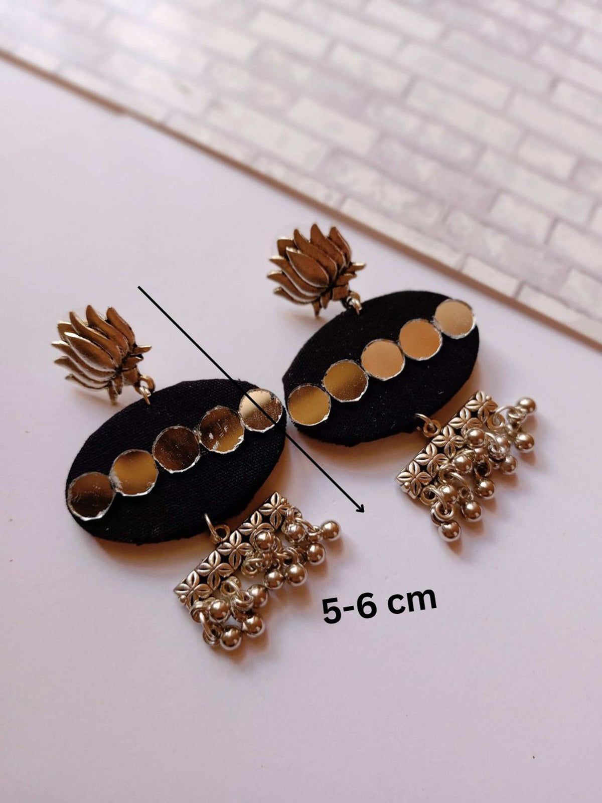Black Mirror And Silver Ghungroo Fabric Earrings image 3