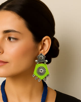 Light Green Fabric Jhumka Earrings With Silver Details