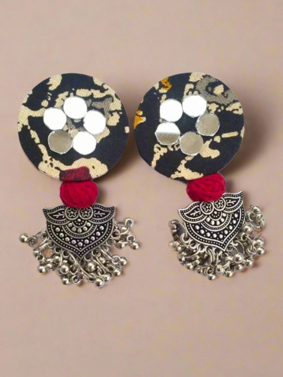 Black Printed Round Earrings With Silver Jhumki image 2