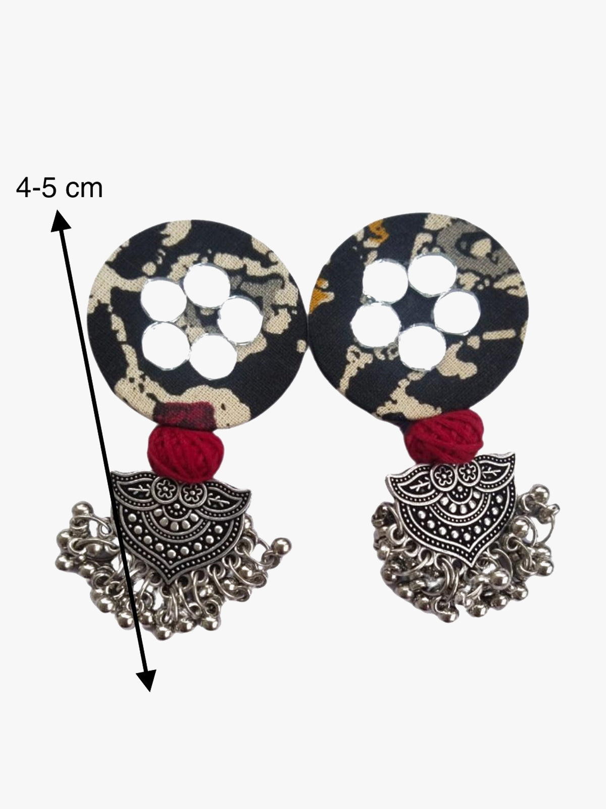 Black Printed Round Earrings With Silver Jhumki image 3