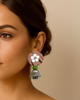 Peach & Green Printed Round Earrings With Silver Jhumki