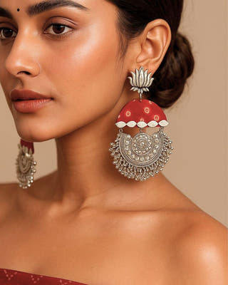 Red Bandhani Print Heavy Oxidized Jhumka Earrings