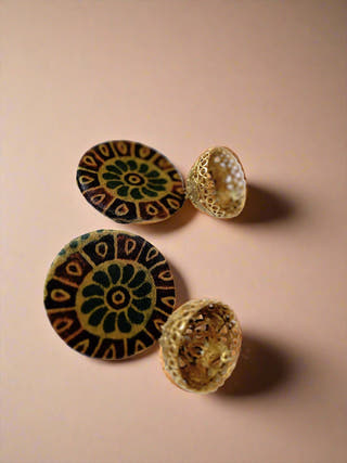Dark Green Printed Earrings With Golden Bottom