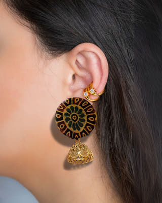 Dark Green Printed Earrings With Golden Bottom
