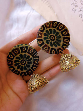 Dark Green Printed Earrings With Golden Bottom