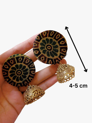 Dark Green Printed Earrings With Golden Bottom