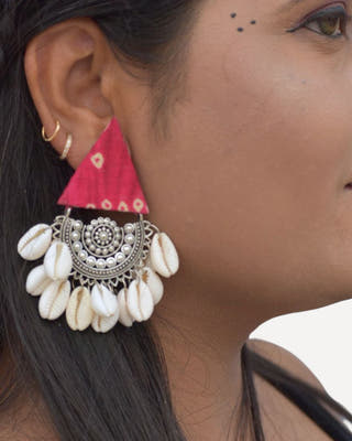 Red Printed Fabric Earrings With Shells