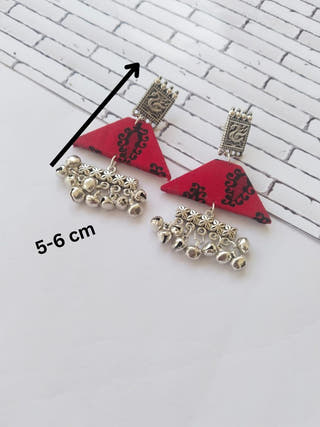Red Printed Swan And Silver Ghungroo Earrings