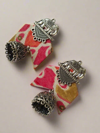 Pink Floral Printed Fabric Elephant Charm Oxidised Jhumka