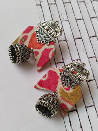 Pink Floral Printed Fabric Elephant Charm Oxidised Jhumka