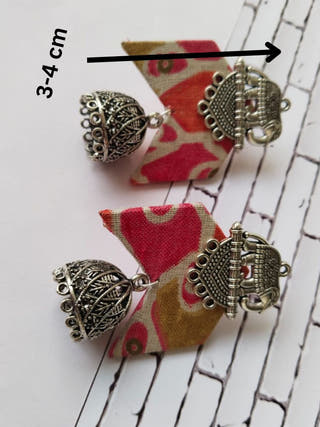 Pink Floral Printed Fabric Elephant Charm Oxidised Jhumka