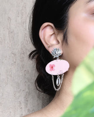 Lotus Floral Printed With Silver Chain Earrings