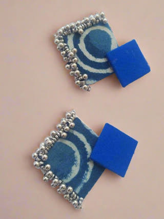 Indigo Print And Silver Ghungroo Fabric Earrings