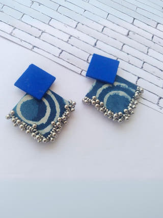 Indigo Print And Silver Ghungroo Fabric Earrings