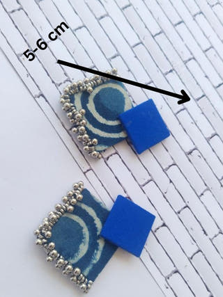 Indigo Print And Silver Ghungroo Fabric Earrings