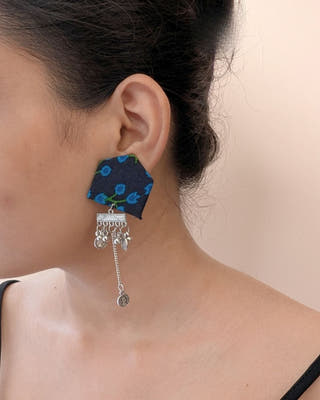 Dark Blue Floral Printed Chain Earrings
