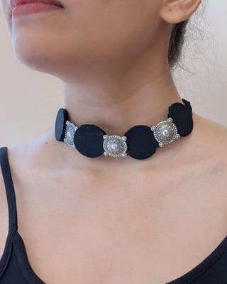 Oxidized Silver Fabric Choker In Black