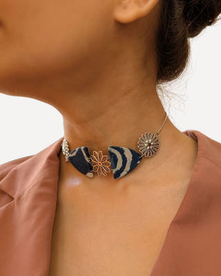 Indigo Print Silver Choker