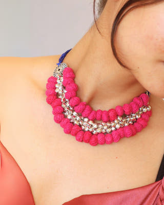 Pink Pom Pom Ghungroo Choker & Long Necklace