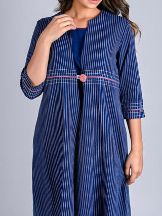 Indigo Stripe Handwoven Cotton Long Jacket Rang Creations