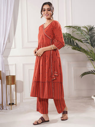 Raagini Red Cotton Angrakha Kurta Set