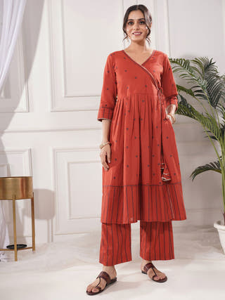 Raagini Red Cotton Angrakha Kurta Set