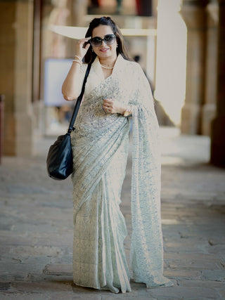 Ready Blue White Saree SoulWeaves