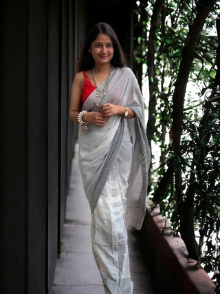 Ready Grey White Saree SoulWeaves