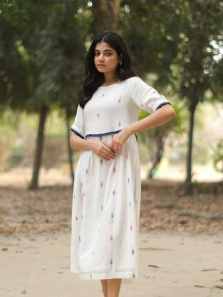 Pearl White Jamdani Cotton Dress
