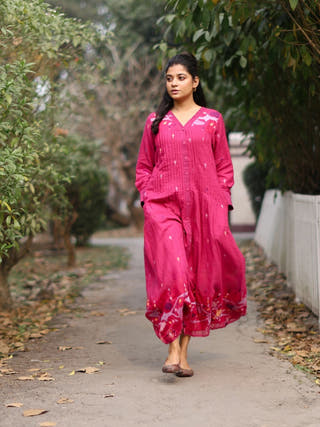 Fuchsia Pink Jamdani Cotton Dress With Silk Woven Border