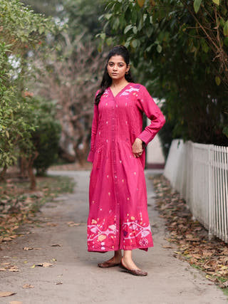 Fuchsia Pink Jamdani Cotton Dress With Silk Woven Border