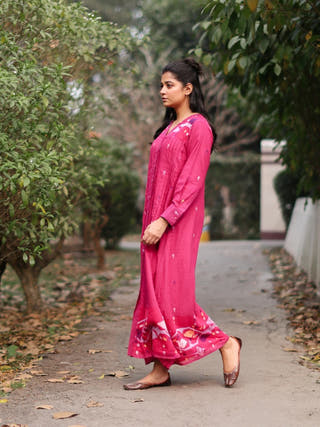 Fuchsia Pink Jamdani Cotton Dress With Silk Woven Border