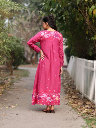 Fuchsia Pink Jamdani Cotton Dress With Silk Woven Border