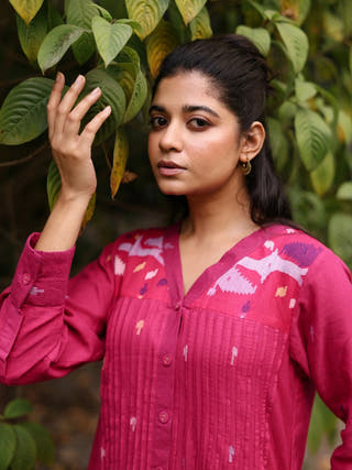 Fuchsia Pink Jamdani Cotton Dress With Silk Woven Border