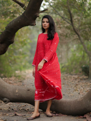Scarlet Red Cotton Jamdani Dress