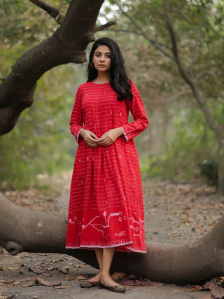 Scarlet Red Cotton Jamdani Dress