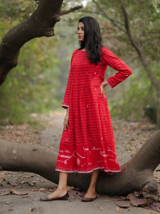 Scarlet Red Cotton Jamdani Dress