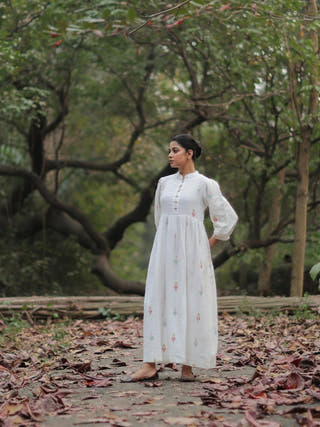Whimsy White Cotton Jamdani Dress