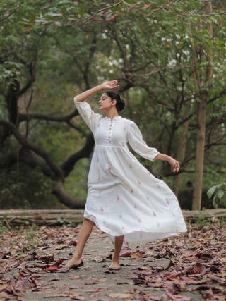 Whimsy White Cotton Jamdani Dress