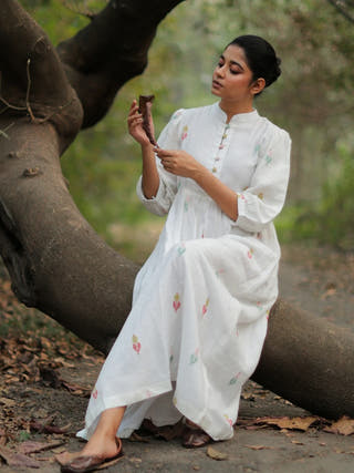 Whimsy White Cotton Jamdani Dress