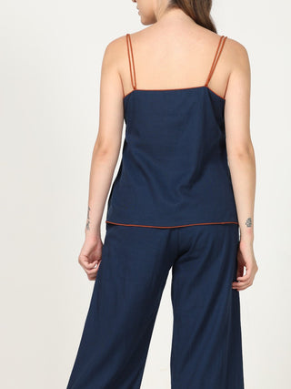 Classic Tencel Top With Piping In Navy Blue