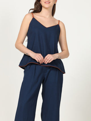 Classic Tencel Top With Piping In Navy Blue