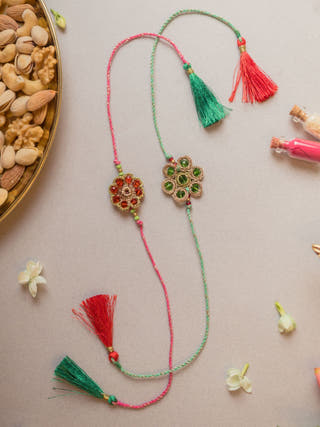 Jewelled Flowers Crochet Rakhi (Set Of 2)
