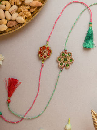 Jewelled Flowers Crochet Rakhi (Set Of 2)