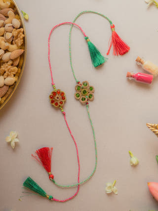 Jewelled Flowers Crochet Rakhi (Set Of 2)