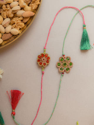 Jewelled Flowers Crochet Rakhi (Set Of 2)