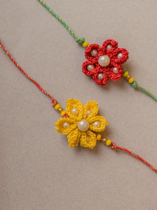 Red And Yellow Crochet Rakhi (Set Of 2)